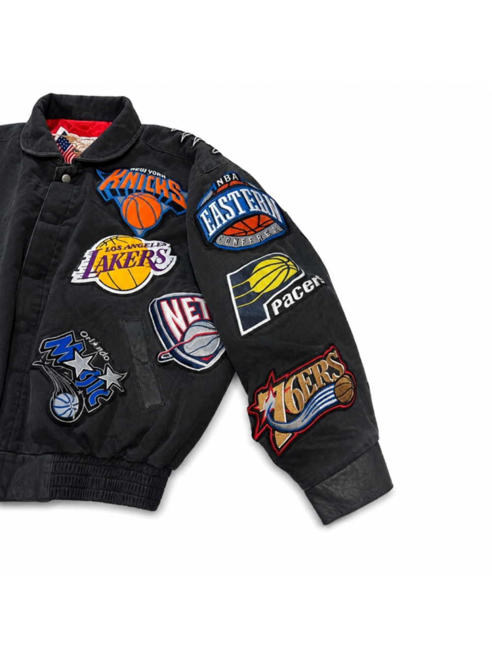 Vintage Jeff Hamilton NBA Patch Leather Bomber Jacket XL Rare Y2K Streetwear - Picture 14 of 16